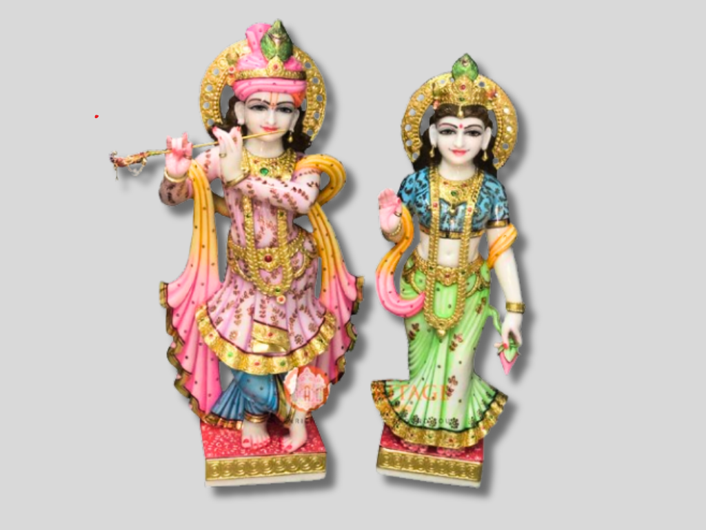 Hand Painted Marble Radha Krishna Divine Statue